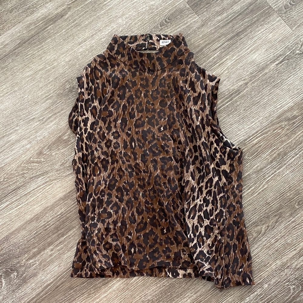 Vintage apart silk high neck leopard print sheer sleeveless blouse medium